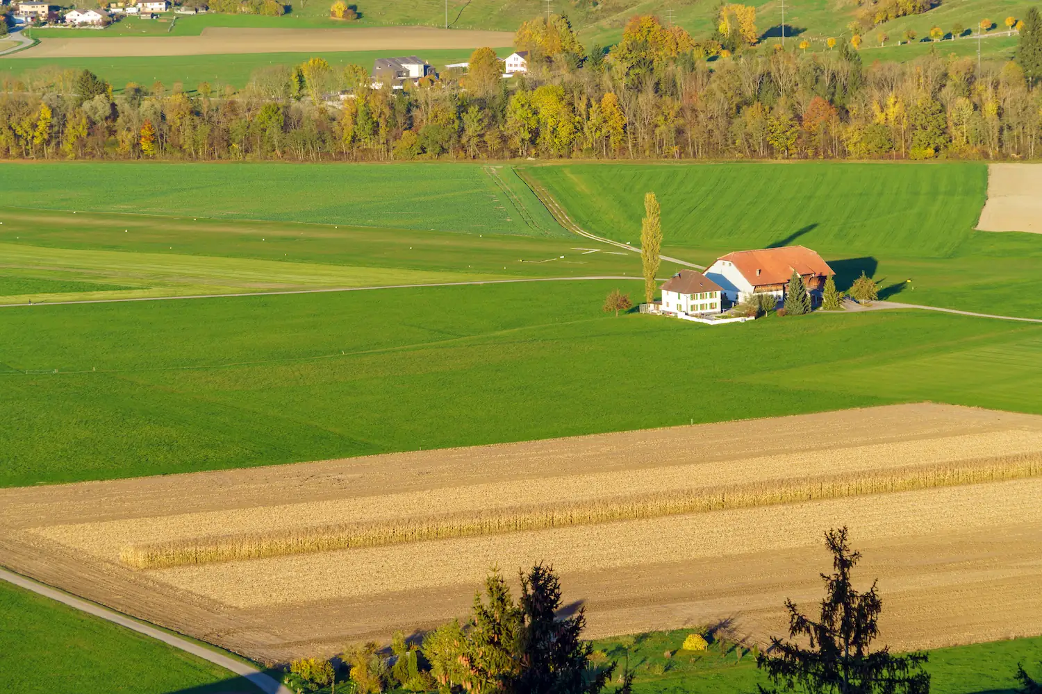 Luftaufnahme eines Bauernhofs zwischen Feldern und Wiesen