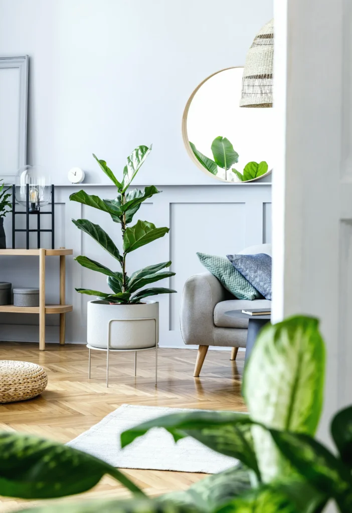 Helles Wohnzimmer mit Zimmerpflanzen und grauem Sofa