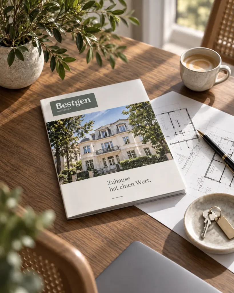 Bestgen-Immobilienexposé mit Grundriss, Schlüsseln und Kaffeetasse